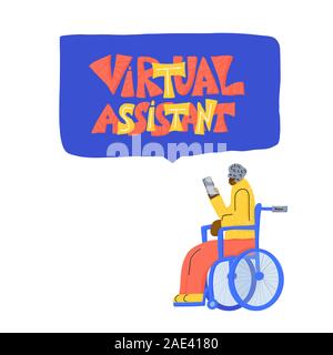 Elderly woman in a wheelchair using her phone for chatting with support. Virtual assistant message isolated. Hand drawn quote. Vector illustartion. Stock Vector