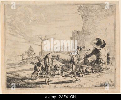 A Seated Man with a Pack of Dogs by Dirck Stoop, 1651, depicts a man ...