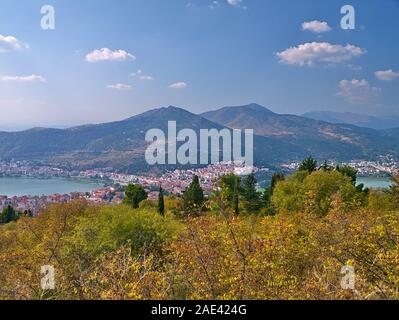 Lake Orestiada  and Kastoria city, Greece, view from above. Stock Photo