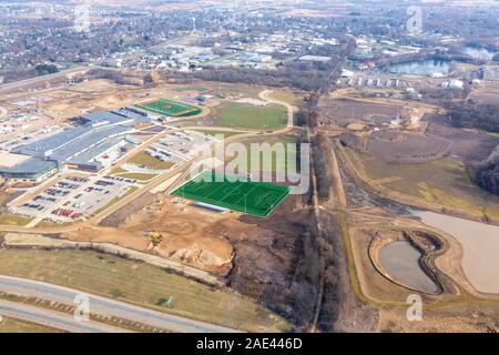 Aerial photograph of the new Verona Area High School under construction. Verona, Wisconsin, USA. Stock Photo