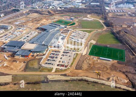 Aerial photograph of the new Verona Area High School under construction. Verona, Wisconsin, USA. Stock Photo