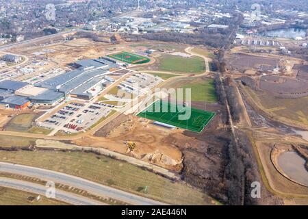 Aerial photograph of the new Verona Area High School under construction. Verona, Wisconsin, USA. Stock Photo