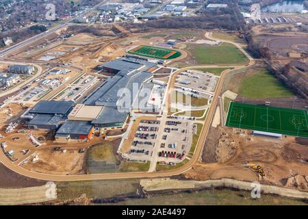 Aerial photograph of the new Verona Area High School under construction. Verona, Wisconsin, USA. Stock Photo