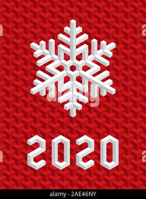 Christmas Card with White Isometric 3D Snowflake on Christmas Red Background. Editable Vector EPS10 Illustration for New Year Decoration 2020. Stock Vector
