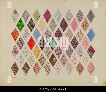 A quilt made by Edith Magnette around 1937, featuring a diamond patchwork pattern, sewn from multiple fabric pieces, stitched together to form a geometric design, intended for warmth and decorative use. Stock Photo