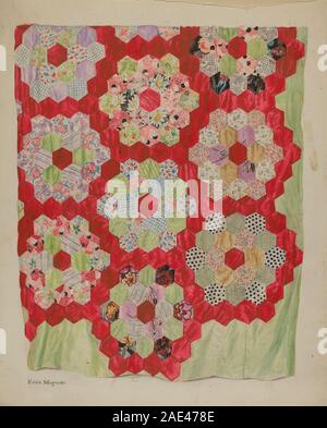 A collection of patchwork pieces for quilting made around 1939 by Edith Magnette, consisting of patterned fabrics, stitched squares, and textile remnants for sewing. Stock Photo