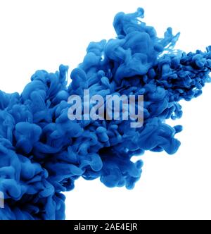 Cloud of blue ink in water isolated on white. Color of the year 2020. Stock Photo