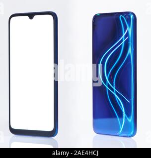 Isometric view on blue generic smartphone isolated on white background Stock Photo