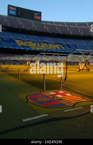 The pitch at being heated Camp Nou stadium, Barcelona Football Club, Barcelona, Spain. Stock Photo