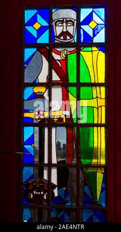 London  - September 05 2019: Beautiful stained glass art inside of a red phone booth along the river Thames, London September 05,  2019 Stock Photo