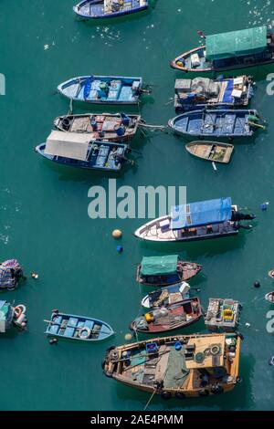 As aerial view of the fishing boats moored in Hong Kong Island's Aberdeen Harbour Stock Photo