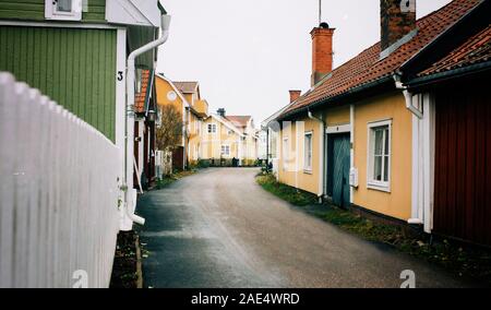 Traditional Swedish houses on a Traditional Swedish town in Sweden Stock Photo