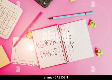 Conceptual hand writing showing Algorithm Change. Concept meaning change in procedure designed to perform an operation Writing equipments and computer Stock Photo