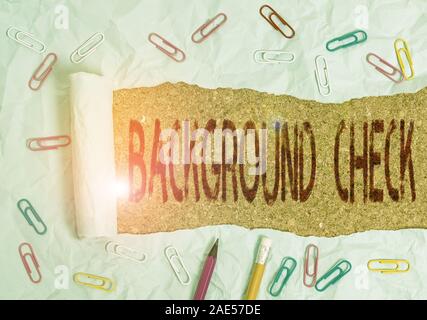 Conceptual hand writing showing Background Check. Concept meaning investigation into a demonstrating s is origins and previous history Stationary and Stock Photo