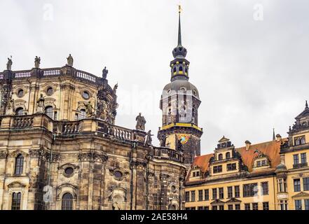 Rear of Cathedral of the Holy Trinity Katholische Hofkirche and Royal Palace Altstadt Dresden Saxony Germany. Stock Photo