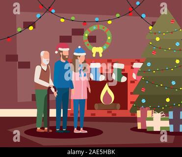 cute grandfather with young couple using christmas hat Stock Vector