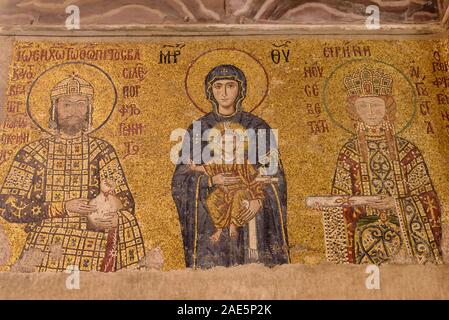 The Comnenus mosaic depicting Virgin Mary and Christ in Hagia Sophia, former Orthodox cathedral and Ottoman imperial mosque, in Istanbul, Turkey Stock Photo