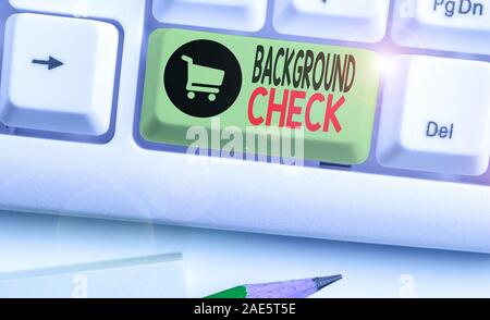Conceptual hand writing showing Background Check. Concept meaning investigation into a demonstrating s is origins and previous history Stock Photo