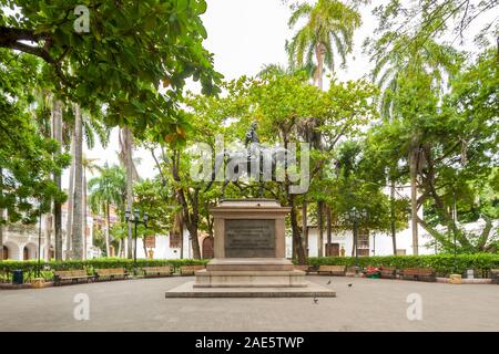 Bolivar Park (Parque de Bolivar) featuring a sculpture of Simon Bolivar on horseback in the old city in Cartagena, Colombia. Stock Photo