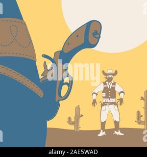 Vector Illustration Duel Cowboy Wild West Style Stock Vector