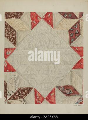 Quilt, c. 1940 by George E Rhone depicts a textile covering made from stitched fabric pieces, emphasizing pattern, color, and construction technique. Stock Photo