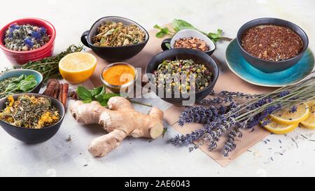 Different kinds of herbal tea. Natural herbs medicine. Alternative medicine concept. Stock Photo