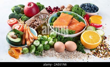 Healthy food with dietary fiber, antioxidants, minerals and vitamins. Detox and clean eating concept. Stock Photo
