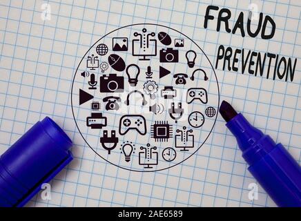 Writing note showing Fraud Prevention. Business concept for the act of stopping various types of internet fraud Stock Photo