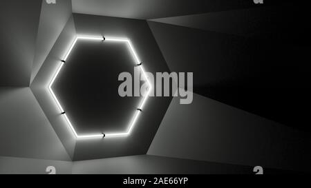 Abstract geometry lit by a neon white hexagonal lamp. Soft shadows. 3D illustration. The vanishing point of the wall geometry in the center of the ima Stock Photo