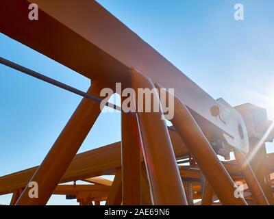 Angular connection of several iron beams. Tower crane parts. Stock Photo