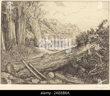 A painting by Alphonse Legros showing a woodcutter's home with figures engaged in daily tasks, depicting tools, wooden structures, surrounding trees, and natural landscape. Stock Photo