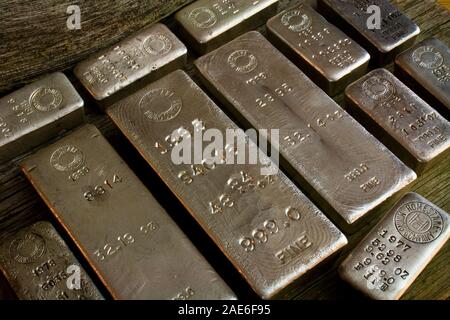 Rare assortment of Homestake Mining Company silver bullion bars. Lead, South Dakota - Black Hills USA Stock Photo