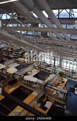 The trays at Gund Hall, Harvard Graduate School of Design, showing the sloping ceiling structure and design studios where architecture students work. Stock Photo