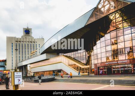 Minsk, Belarus - September 24, 2019  Railway station in Minsk, and Railway Station Square Stock Photo