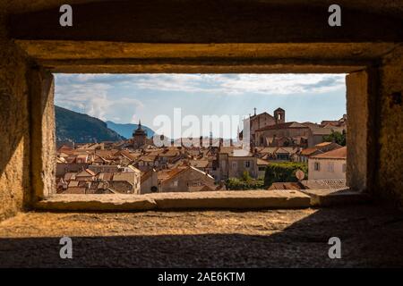 View of Dubrovnik old town through the window Stock Photo
