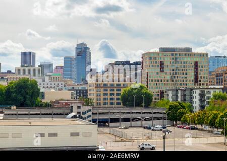 Portland, Oregon skyline cityscape during daytime. Beautiful clouds rolling over Portland city center. Stock Photo