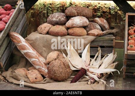 Various kinds of bread on display. Stock Photo
