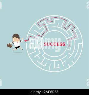 Businesswoman going to success in a maze. Stock Vector