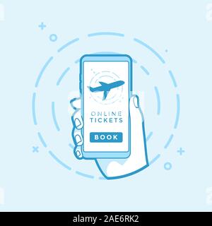 Online Book button and airplane icon on screen. Hand holding smartphone. Modern vector outline object. Stock Vector