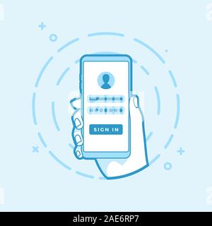Sign in page on smartphone screen. Hand holding smartphone. Modern vector outline object. Stock Vector