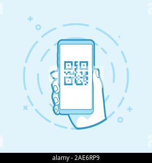 QR code icon on smartphone screen. Hand holding smartphone. Modern vector outline object. Stock Vector
