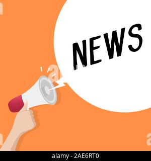 Hand holding loudspeaker or megaphone with speech bubble NEWS. announcement concept. Stock Vector