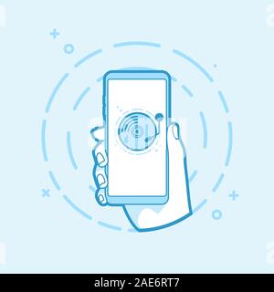 Hand holding smartphone with old record player icon. Vector illustration Outline object. Stock Vector