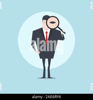 The businessman holding a magnifying glass and looking through a magnifying glass. Stock Vector