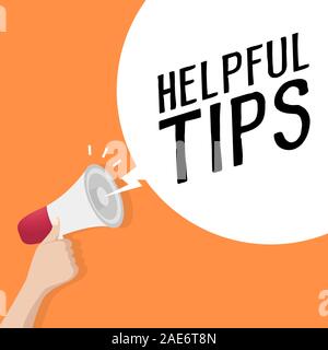Hand holding loudspeaker or megaphone with speech bubble HELPFUL TIPS. announcement concept. Stock Vector
