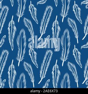 Seamless pattern white feather on classic blue background. vector illustration. Repeating background of bird feather. Stock Vector