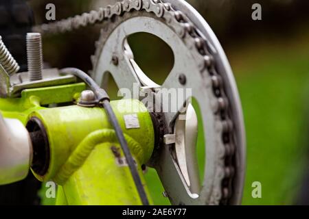 close-up of the big gear on a bike where the pedals attach Stock Photo