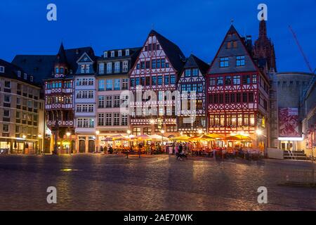FRANKFURT, GERMANY - SEPTEMBER 15: Night scene at the historic old town of Frankfurt , Germany on September 15, 2019. Foto taken from Roemerberg. Stock Photo