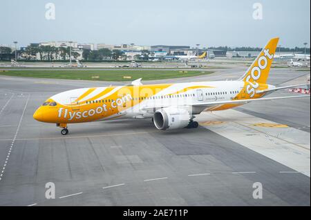 06.12.2019, Singapore, Republic of Singapore, Asia - A Scoot Airline Boeing 787-8 Dreamliner passenger plane at Changi Airport. Stock Photo