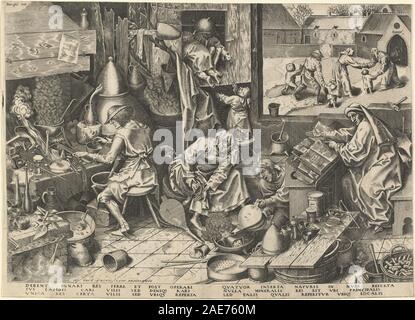 The Alchemist; circa 1558 date Attributed to Philip Galle after Pieter Bruegel the Elder, The Alchemist, c 1558 Stock Photo